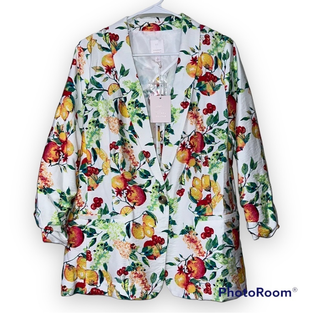 LC Lauren Conrad shawl collar blazer fruit pattern one button ruched 3/4 sleeve